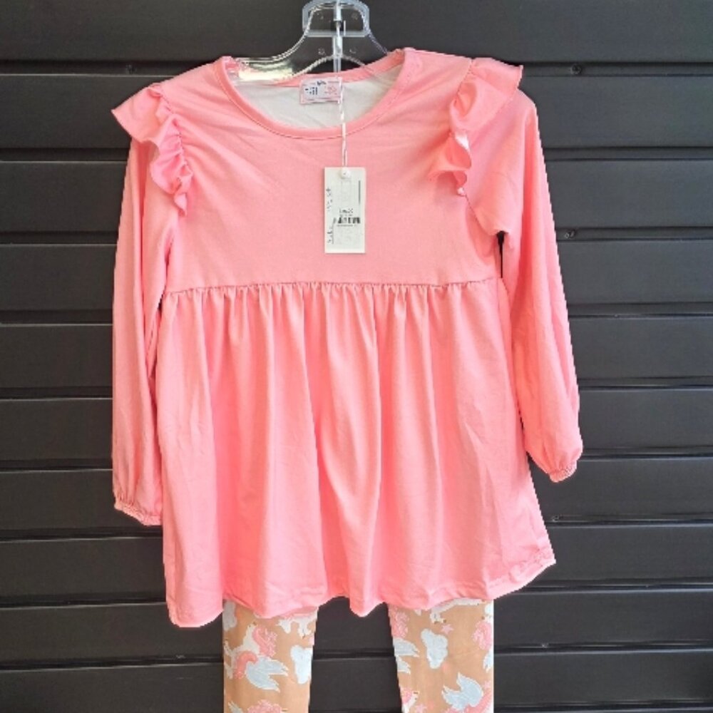 Two Piece Coral Long Sleeves Top and Unicorn Bottoms